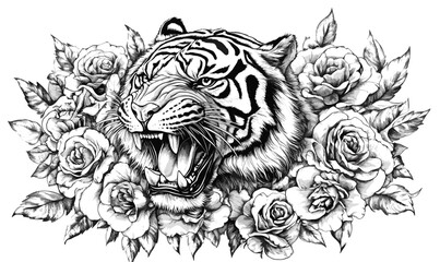 Fierce tiger surrounded by roses vector, linear style, icon set.