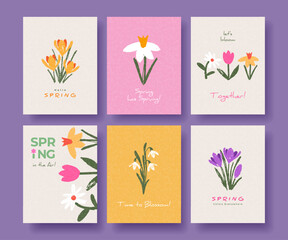 Obraz premium Modern Spring greeting card, banner or poster set with hand drawn flowers for Womens Day, Mothers Day, birthday, Easter. Tulips, daisies, daffodils, crocuses. Floral designe template