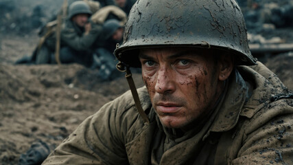 Fototapeta premium A soldier's face covered in mud shows the harsh realities of war in the trenches.