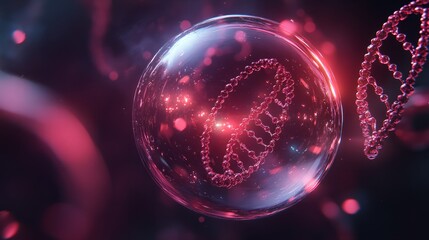 A glossy liquid bubble with visible molecular bonds inside, surrounded by a futuristic DNA background