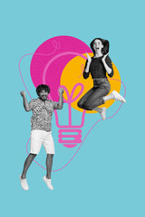 Poster image vertical photo collage of two happy business girl guy jump light bulb idea finding brainstorm plan decision victory