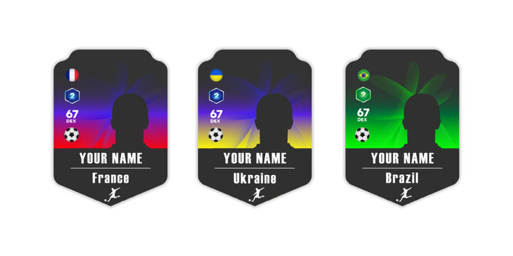 Customizable football player card template with national flags of France, Ukraine, and Brazil. Digital sports card design with player silhouette, statistics, and country representation