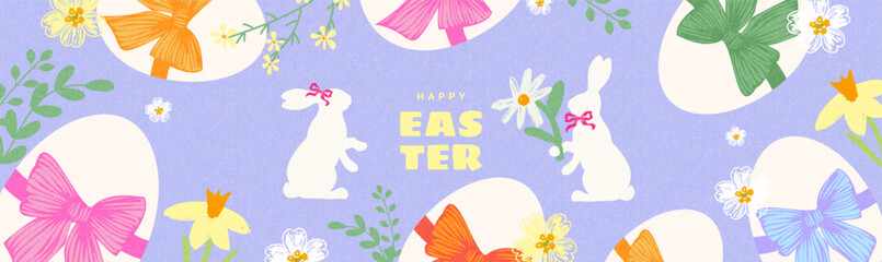 Happy Easter banner with typography,  hand drawn spring flowers, egg and Easter bunny. Modern vector designe template for greeting card, horizontal poster, promo, sale, ads, web
