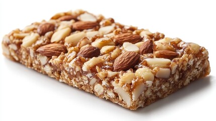 A golden-brown almond coconut bar, its texture a symphony of crunch and melt, sat majestically on a pristine white backdrop, its rich, aromatic flavor beckoning the senses.