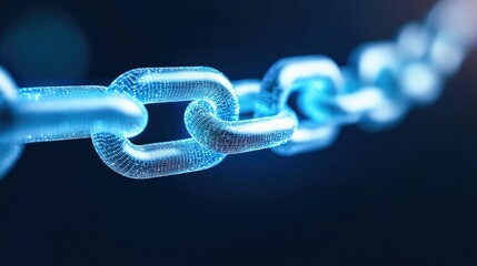 A close-up view of a digital chain link, illustrating strength and connectivity in a futuristic blue design.