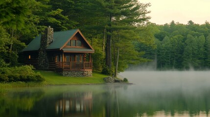 Obraz premium Lakeside Cabin Retreat: Serene Reflections and Misty Mornings in Nature's Embrace