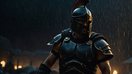 Fototapeta premium A spartan warrior in full armor stands resolute in the rain, ready for a fight.