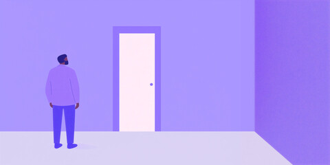 Fototapeta premium A Moment of Contemplation: A man stands before a closed door, his gaze fixed upwards, in a minimalistic scene of muted colors, symbolizing introspection and the weight of decisions.