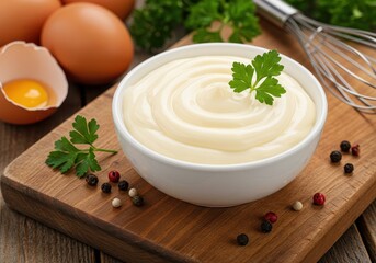 A creamy swirled bowl of freshly made mayonnaise garnished with a small parsley sprig placed on a rustic wooden cutting board