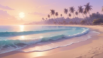 Serene Pastel Beach Landscape with Soft Waves and Elegant Sunset