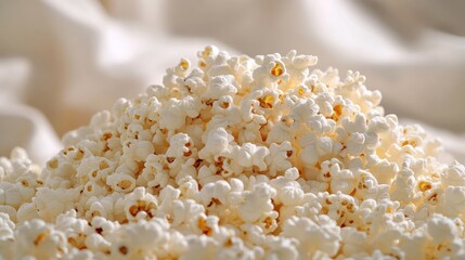 A towering mound of popcorn, its fluffy white kernels glistening in the soft light, stands proudly against a pristine white backdrop, a tempting visual invitation for movie nights and gatherings.