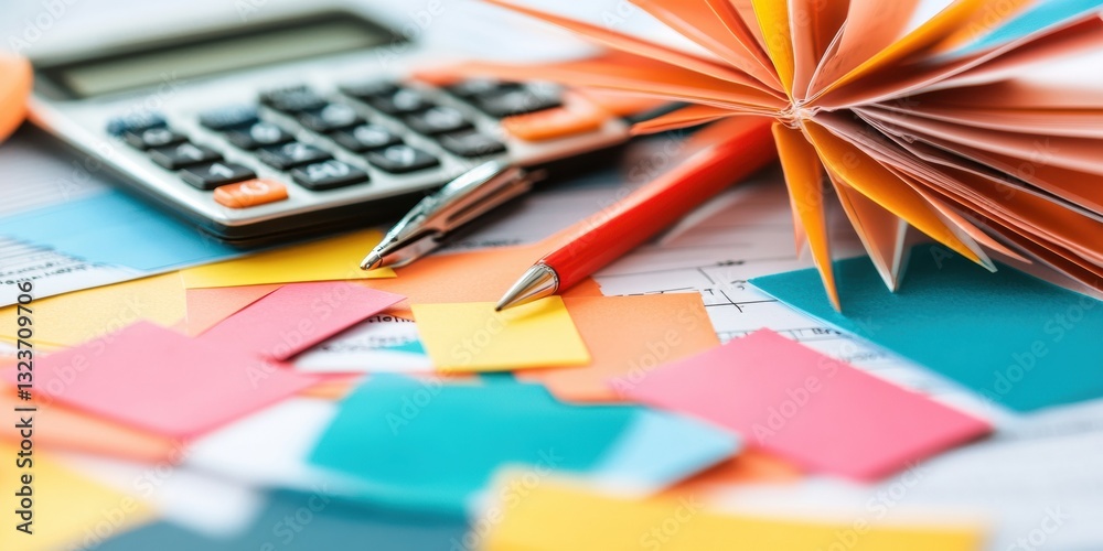 Poster Minimalist Financial Analytics Workspace Vibrant Productivity Palette with Digital Calculation Tools, Color-Coded Efficiency for Modern Business Intelligence