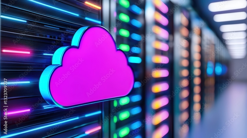 Poster a vibrant image of a cloud icon against a backdrop of illuminated server racks, symbolizing cloud co