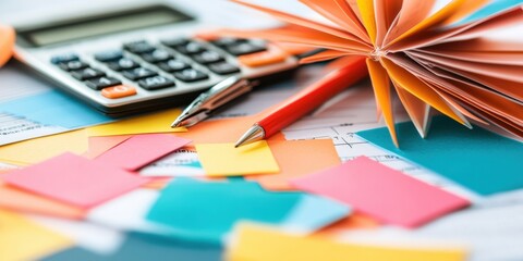 Minimalist Financial Analytics Workspace Vibrant Productivity Palette with Digital Calculation Tools, Color-Coded Efficiency for Modern Business Intelligence