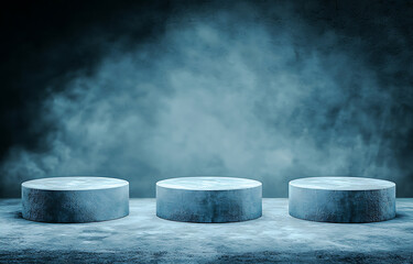 Mystical display of three stone platforms dimly lit studio abstract photography atmospheric environment central viewpoint