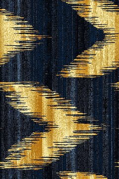 Vertical Ikat effect Guatemala textiles abstract navy and gold zigzag striped , stripes, lines.