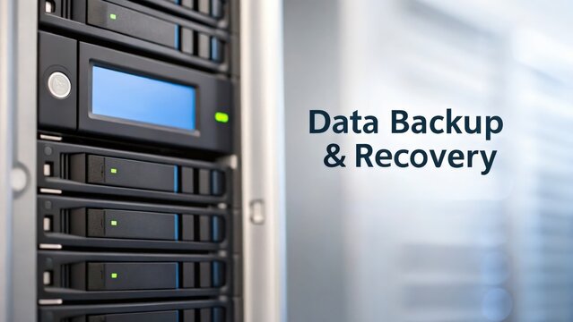 cyber security ransomware prevention concept. Data storage server with emphasis on backup and recovery processes.