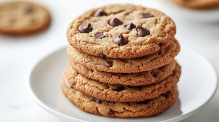 A stack of warm, golden peanut butter cookies, each adorned with a chocolate chip, nestles invitingly on a crisp white background, ready for a moment of pure cookie bliss, perfect for any hour.