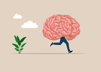 Funny running human brain instead of body. Idea search, jobs makes him crazy. Goal on note. Brainstorming to gather new idea. Flat vector illustration.