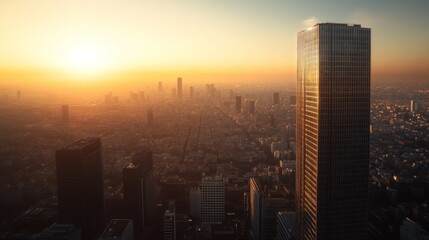 Obraz premium A breathtaking city skyline at sunset, with skyscrapers silhouetted against a golden horizon. The city basks in a warm, tranquil glow.