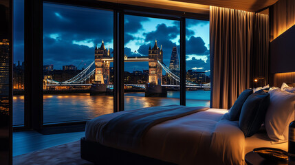 Fototapeta premium Romantic Hotel Bedroom with Tower Bridge Night View and Elegant Decor