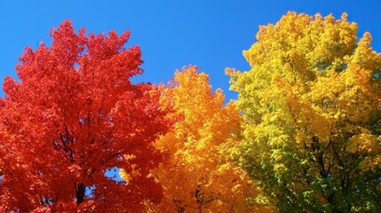 Naklejka premium A colorful autumn scene with trees displaying their fiery red, orange, and yellow leaves, and a clear blue sky.