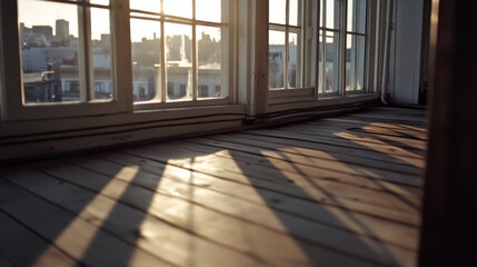 Fototapeta premium Warm sunlight streams through floor-to-ceiling windows, casting striking shadows across a wooden floor, creating a peaceful, urban afternoon scene.