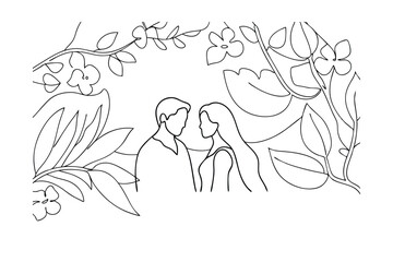Obraz premium Romantic Couple Line Art Drawing, Floral Frame, Love, Nature