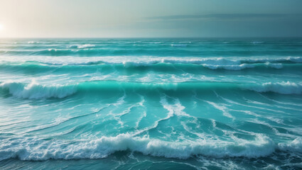 Fototapeta premium Turquoise ocean waves gently roll onto shore under a soft sunrise, creating a calming seascape.