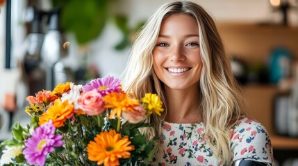 Fototapeta premium Radiant Woman with Floral Bouquet: A Portrait of Joy and Beauty