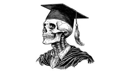 Skull in graduation cap and gown, academic skeleton icons set, linear vector.
