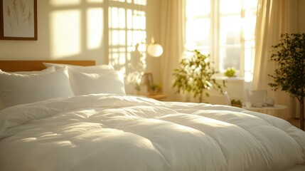 A pristine white bedding set, meticulously folded and arranged on the plush surface of a neatly made bed, bathed in the warm glow of a bright and cozy bedroom.