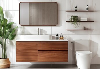 Modern bathroom vanity with plant, mirror, and floating shelves