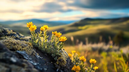 Obraz premium Vibrant yellow wildflowers bloom on a rocky outcrop, overlooking a scenic mountain landscape bathed in golden sunlight.