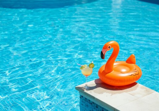 Pink flamingo pool float next to tropical cocktail on a sunny day in summer