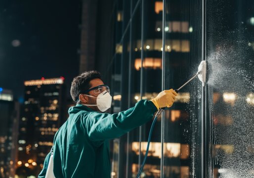 Professional window cleaner working at night on high-rise building exterior