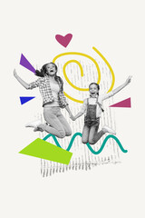 Creative artwork template sketch image 3D collage of mother day springtime gratitude holiday bonding young lady jump happy hand hold girl