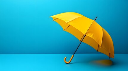 a vibrant yellow umbrella open against a soft blue background. The umbrella is centered in the frame, its curve creating a visually appealing shape