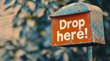 A rustic mailbox with a bright red "Drop here!" sign stands against a backdrop of foliage, inviting deposits in a quaint setting.