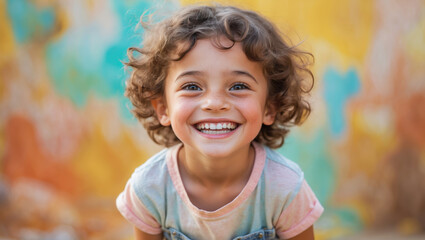 A beautiful little girl with curly hair is smiling cheerfully in front of a colorful background.