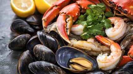 A delicious seafood dish with steamed crab, shrimp, and clams in a flavorful broth, garnished with cilantro and served with lemon.
