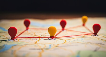 Colorful pins connected by red thread on world map indicating travel route