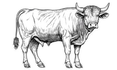 Fototapeta premium Detailed cow illustration showing full body in linear style, icons set, vector.