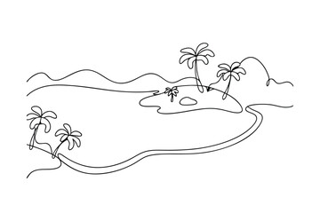 Tropical Island Paradise One Line Drawing of Palm Trees, Beach, and Sea