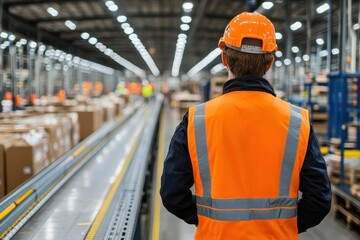 Worker in orange safety vest walks through a warehouse. Illustrates industrial safety, logistics, and warehouse operations.