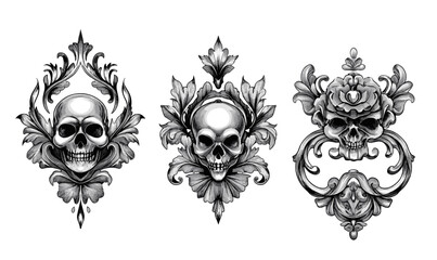 Gothic skull ornament icons set with intricate floral details, vector, linear style.