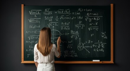 Woman solving advanced mathematical equations on chalkboard in classroom