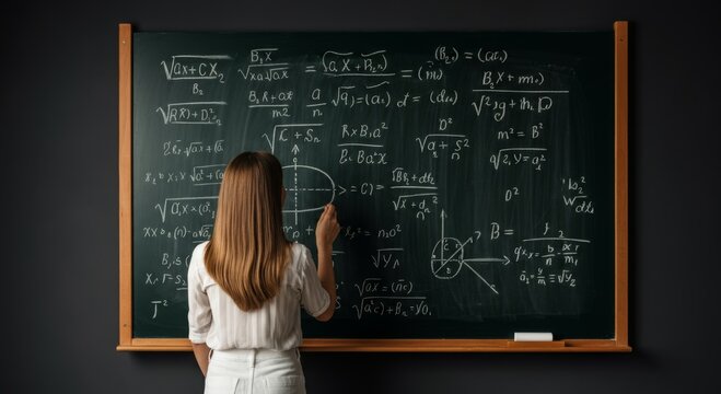 Woman solving advanced mathematical equations on chalkboard in classroom