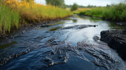 Macro view of dirty polluted water goes to farming from water-canal surrounded by grass
