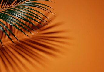 Tropical palm leaf casting shadow on vibrant orange background